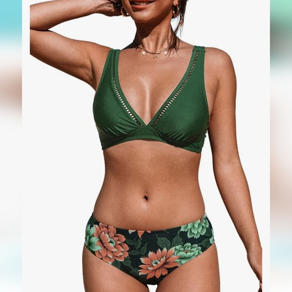 Mid Waisted Bikini Swimsuit Floral Plunge Back‎ Hook green floral Sz XS